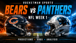 Bears vs Panthers prediction graphic featuring Chicago and Carolina football helmets for NFL Week 1.