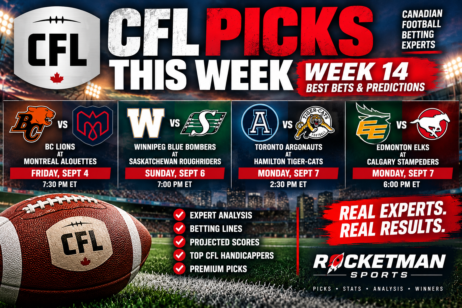 CFL picks this week Week 14 best bets and predictions 2026