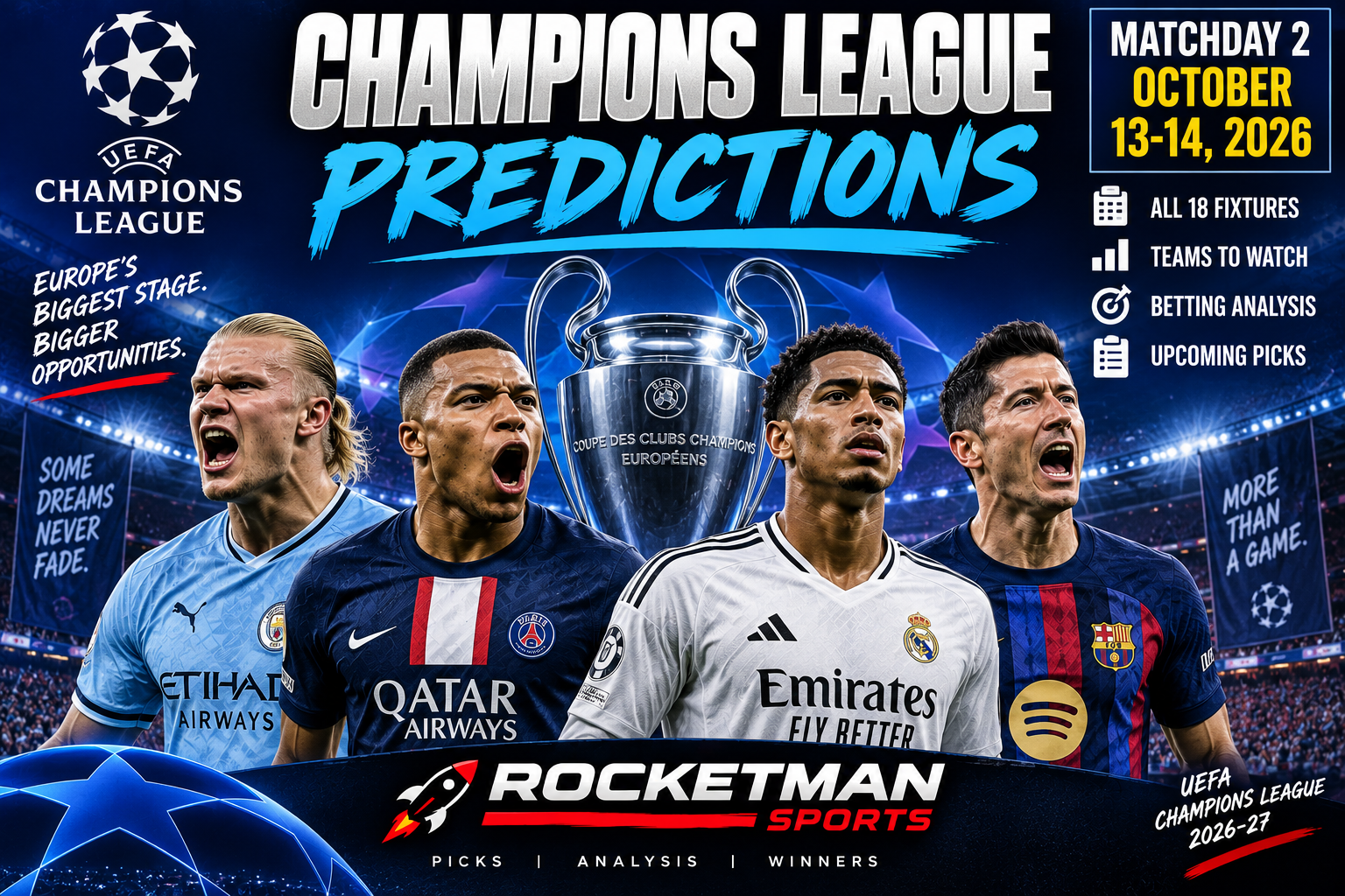 Champions League predictions soccer betting graphic from Rocketman Sports