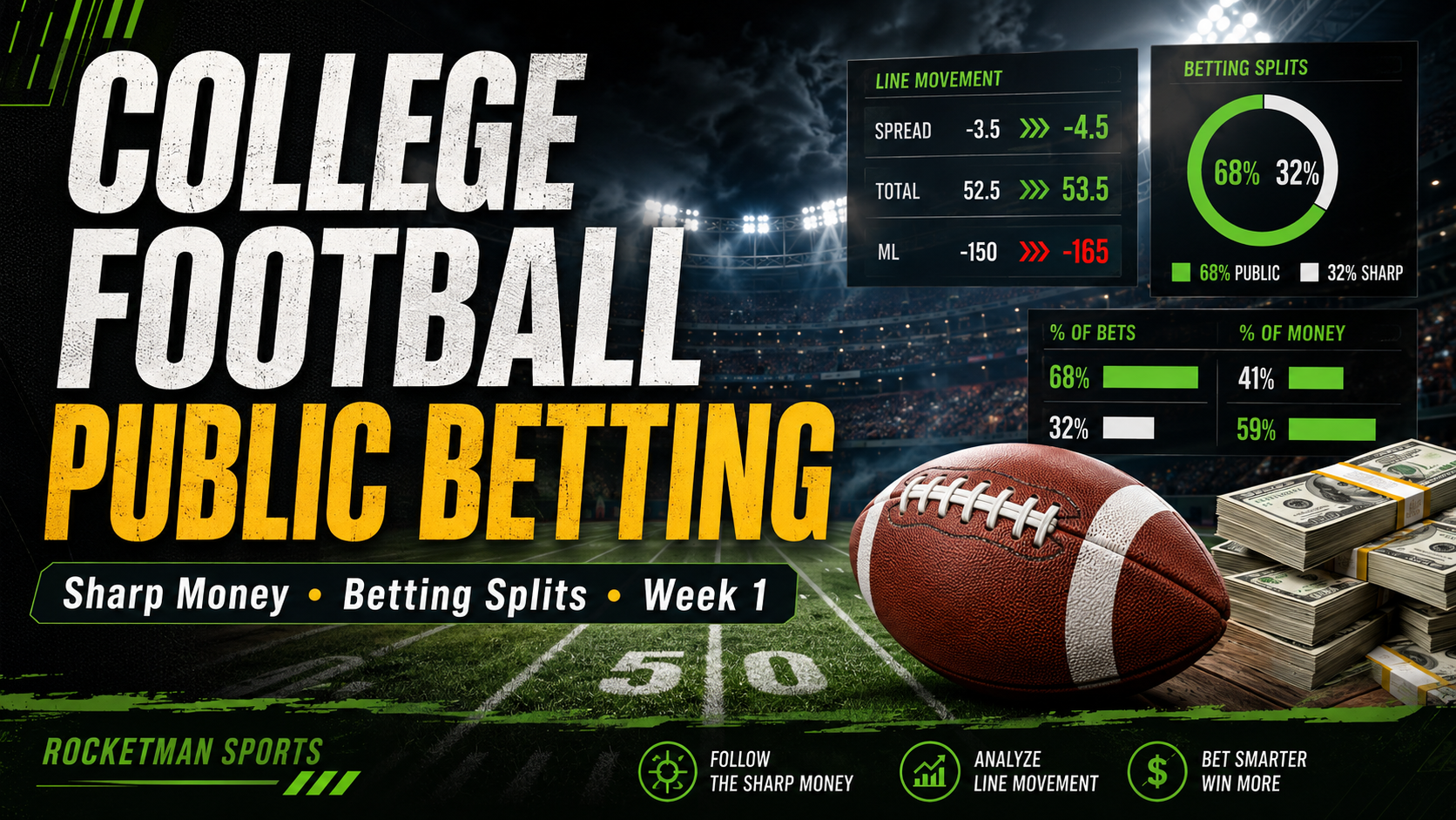 College Football public betting sharp money Week 1 betting splits 2026
