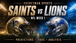 Saints vs Lions prediction graphic featuring New Orleans and Detroit football helmets for NFL Week 1.