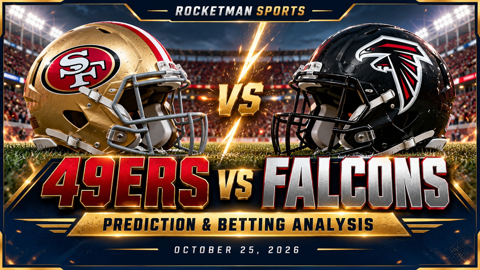 49ers vs Falcons prediction graphic featuring San Francisco and Atlanta football helmets