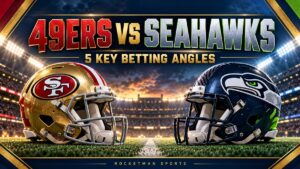 49ers vs Seahawks prediction graphic with football helmets and five key betting angles