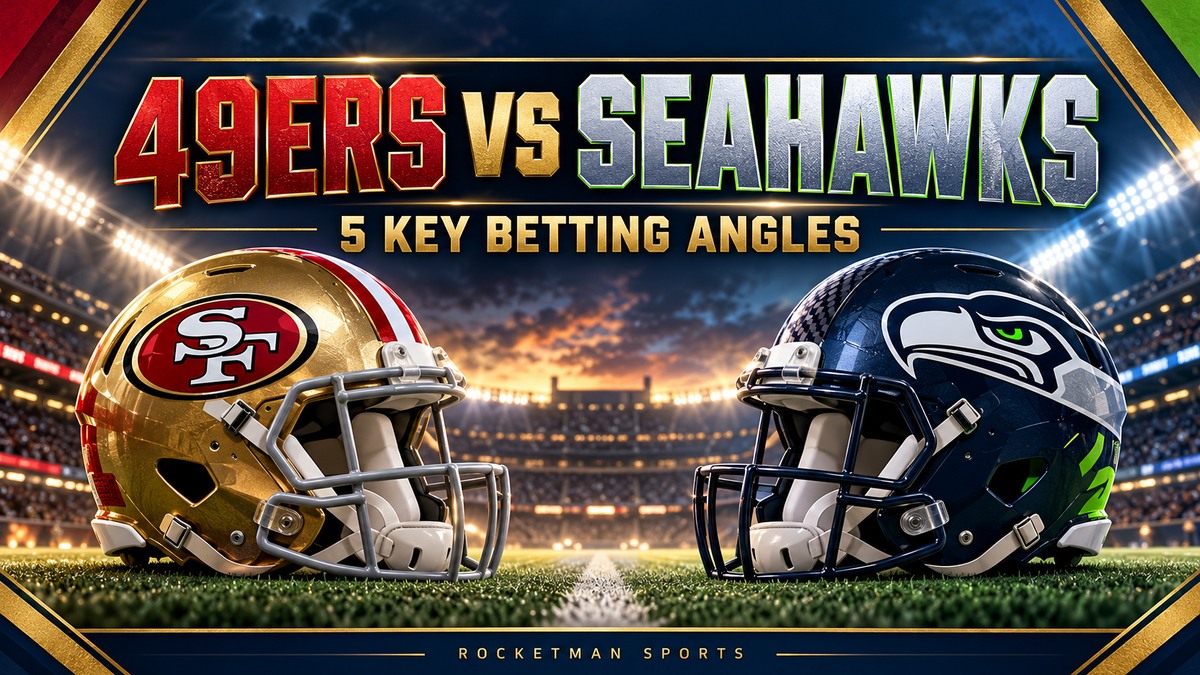 49ers vs Seahawks prediction graphic with football helmets and five key betting angles