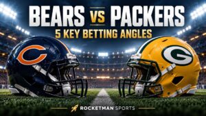 Bears vs Packers prediction graphic with Chicago and Green Bay helmets and five key betting angles