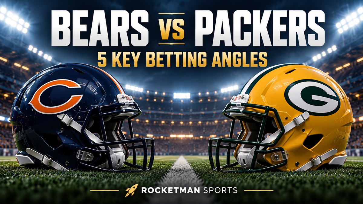 Bears vs Packers prediction graphic with Chicago and Green Bay helmets and five key betting angles