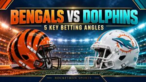 Bengals vs Dolphins prediction graphic with football helmets and five key betting angles
