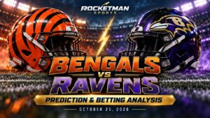 Bengals vs Ravens prediction graphic with Cincinnati and Baltimore football helmets