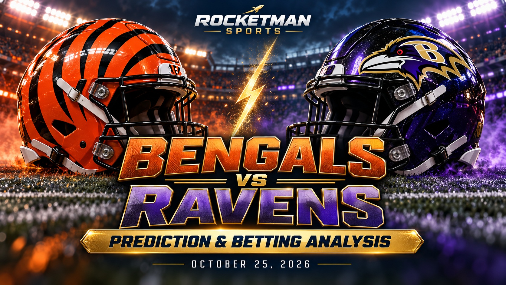 Bengals vs Ravens prediction graphic with Cincinnati and Baltimore football helmets