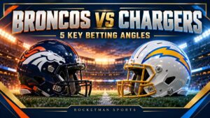Broncos vs Chargers prediction graphic with football helmets and five key betting angles