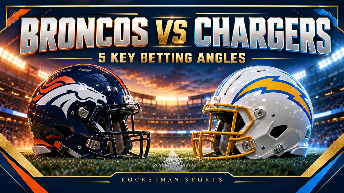 Broncos vs Chargers prediction graphic with football helmets and five key betting angles