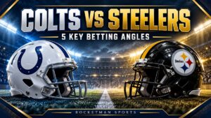 Colts vs Steelers prediction graphic with football helmets and five key betting angles