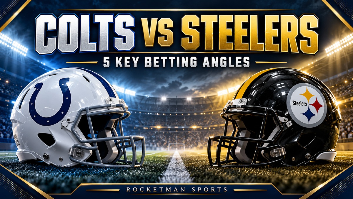 Colts vs Steelers prediction graphic with football helmets and five key betting angles