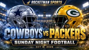 Cowboys vs Packers prediction graphic with Dallas and Green Bay helmets for October 18, 2026