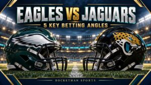 Eagles vs Jaguars prediction graphic with football helmets and five key betting angles