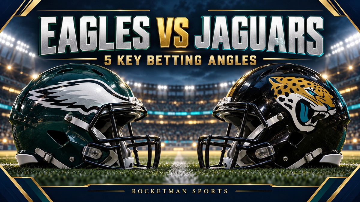 Eagles vs Jaguars prediction graphic with football helmets and five key betting angles