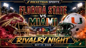 Florida State vs Miami prediction graphic with Seminoles and Hurricanes helmets for October 17, 2026
