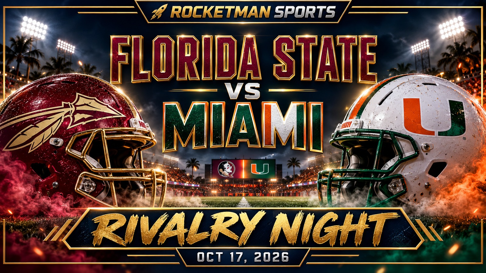 Florida State vs Miami prediction graphic with Seminoles and Hurricanes helmets for October 17, 2026