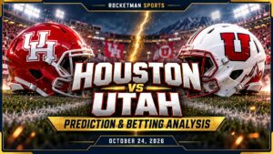 Houston vs Utah prediction graphic featuring Cougars and Utes football helmets