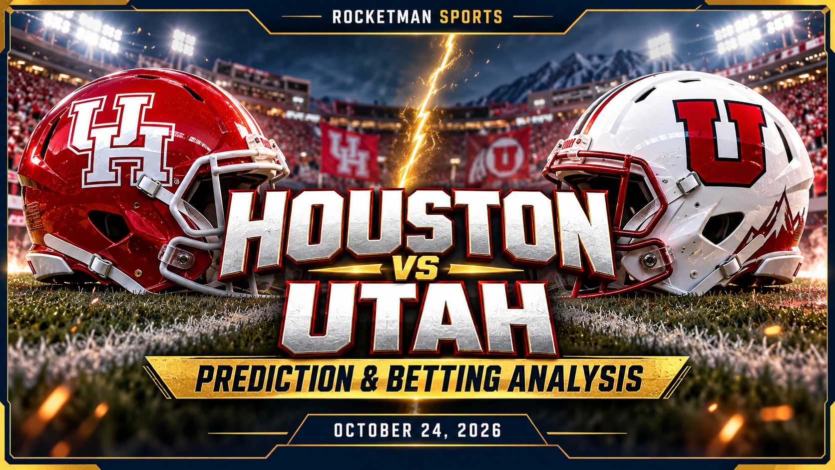 Houston vs Utah prediction graphic featuring Cougars and Utes football helmets