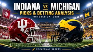 Indiana vs Michigan prediction graphic with opposing football helmets for October 24, 2026