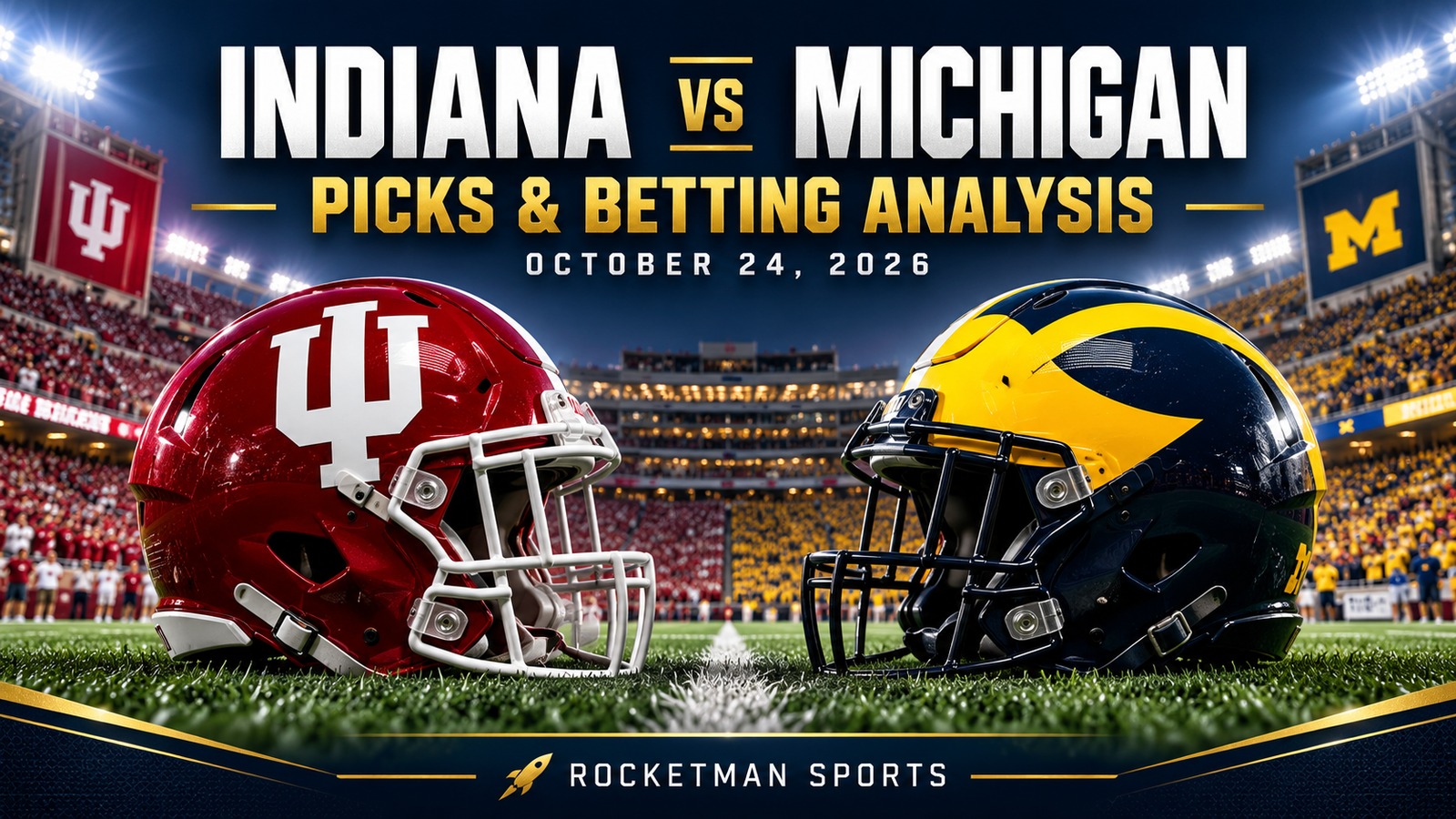 Indiana vs Michigan prediction graphic with opposing football helmets for October 24, 2026