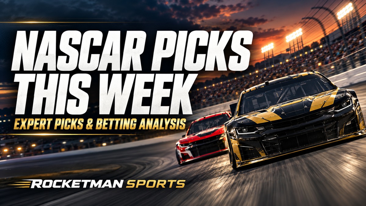 NASCAR picks this week graphic with stock cars racing under speedway floodlights