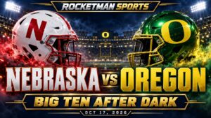 Nebraska vs Oregon prediction graphic with Cornhuskers and Ducks helmets for October 17, 2026