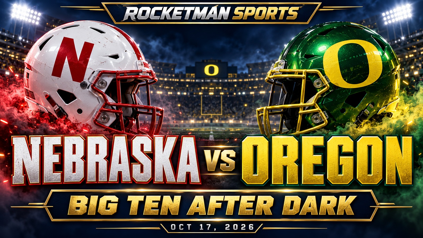Nebraska vs Oregon prediction graphic with Cornhuskers and Ducks helmets for October 17, 2026