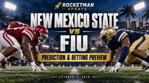 New Mexico State vs FIU prediction graphic featuring football players in crimson and navy uniforms