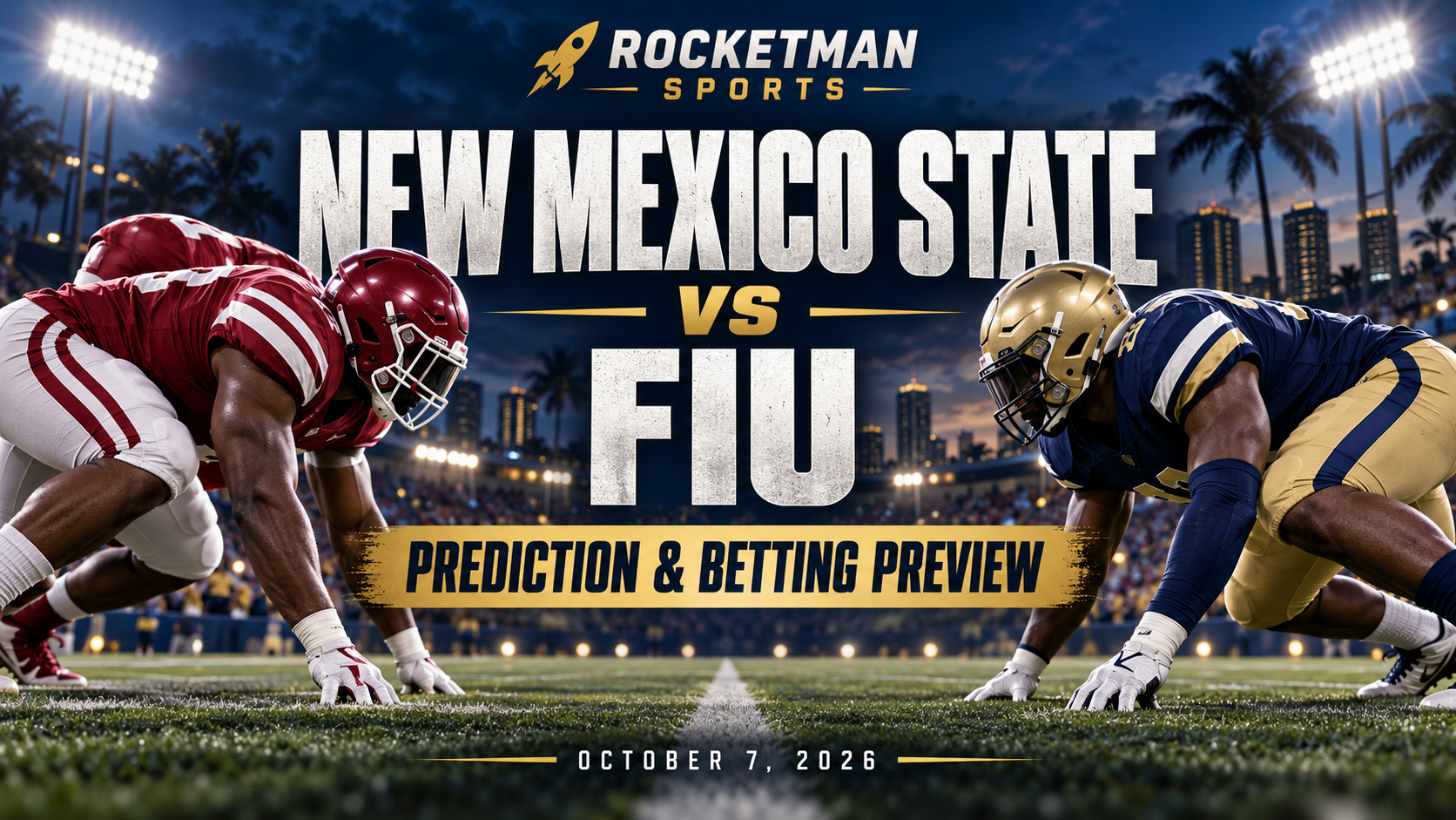 New Mexico State vs FIU prediction graphic featuring football players in crimson and navy uniforms