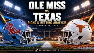 Ole Miss vs Texas prediction graphic with opposing football helmets for October 24, 2026