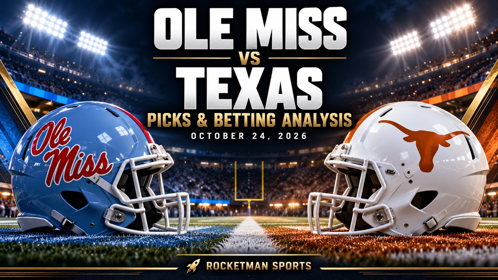 Ole Miss vs Texas prediction graphic with opposing football helmets for October 24, 2026