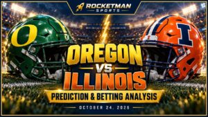 Oregon vs Illinois prediction graphic featuring Ducks and Fighting Illini football helmets