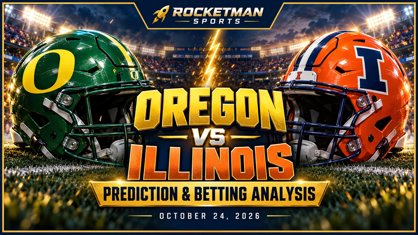 Oregon vs Illinois prediction graphic featuring Ducks and Fighting Illini football helmets