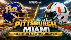 Pittsburgh vs Miami prediction graphic with Panthers and Hurricanes college football helmets