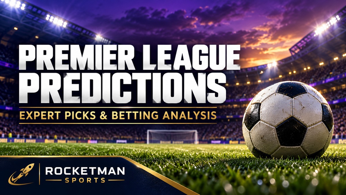 Premier League predictions graphic with a soccer ball and floodlit stadium