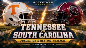 Tennessee vs South Carolina prediction graphic with Volunteers and Gamecocks football helmets
