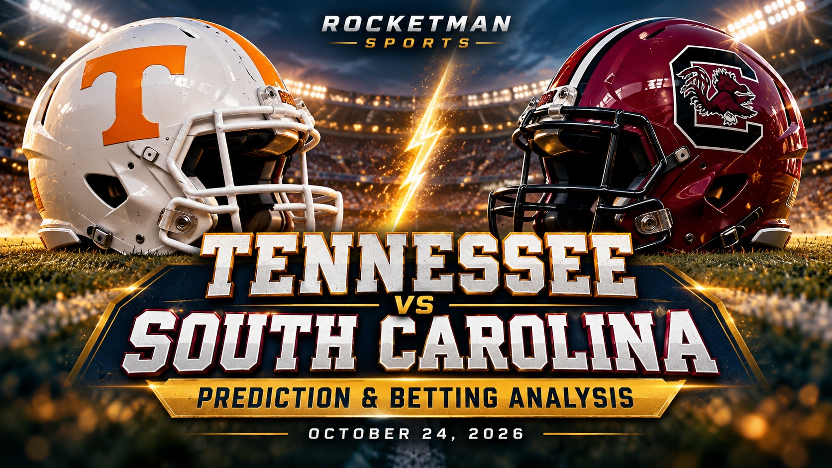 Tennessee vs South Carolina prediction graphic with Volunteers and Gamecocks football helmets