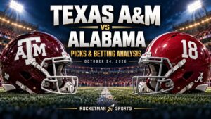 Texas A&M vs Alabama prediction graphic with opposing football helmets for October 24, 2026