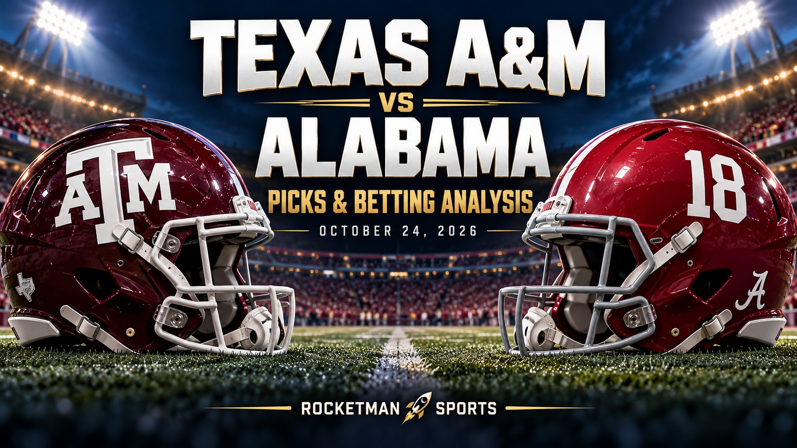 Texas A&M vs Alabama prediction graphic with opposing football helmets for October 24, 2026